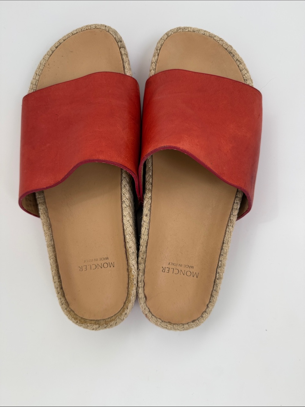 Moncler Red Leather Espadrille Slide Sandals
